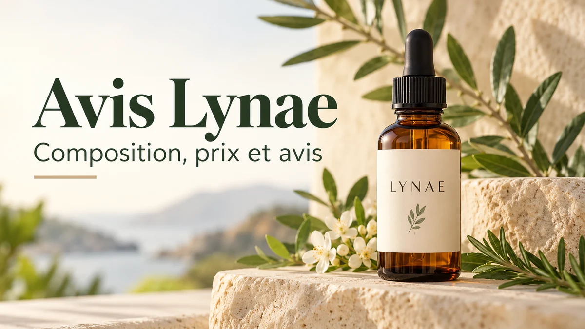 Flacon compte-gouttes Lynae, drainant lymphatique, posé sur une pierre face à la Méditerranée parmi des rameaux d'olivier